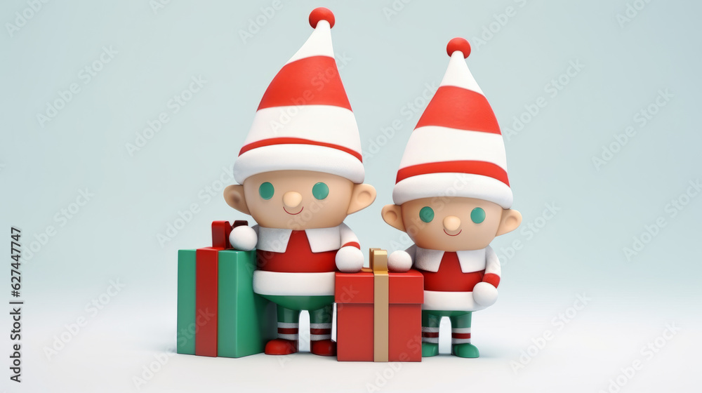 Christmas elves with cute hats and leggings holding gift boxes. Generated ai Christmas elves with cute hats and leggings holding gift boxes. Generated ai