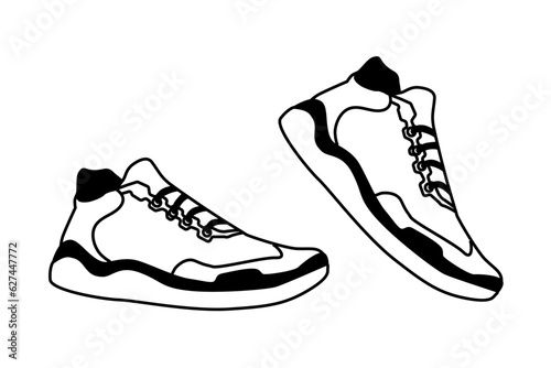 Sport running shoes isolated on white background. Simple outline Illustration of two sneaker. Modern footwear graphic. 