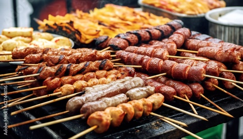 Grilled Sausage and Meat Skewers At A Food Stand
