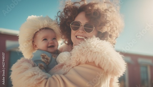 Mother holding baby in funny fluffy outfit outside in her arms