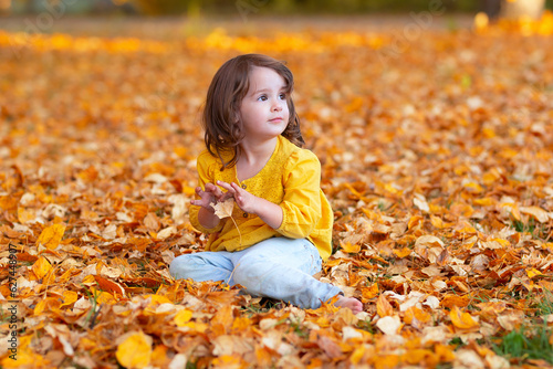 Girl is sitting on the yellow fallen leaves in  autumn day. © Saeedatun
