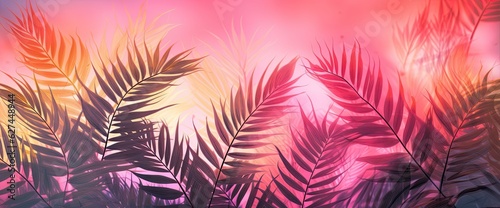 Tropical palm leaves wallpaper. Trendy interior mural sunset colours.Fresco concept. Watercolor and artist brushes.yellow  pink  beige 