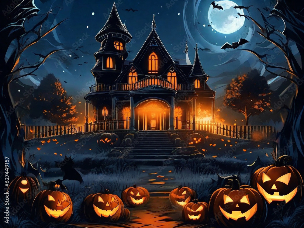 spooky castle in the month of halloween, jack-o-lantern spooky castle in the month of halloween, jack-o-lantern
