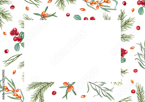 Rectangular frame of cowberries, sea buckthorn, spruce branch. Autumn ripe berries. Illustration isolated on transparent background. For postcard design, invitation, greeting. Space for text.