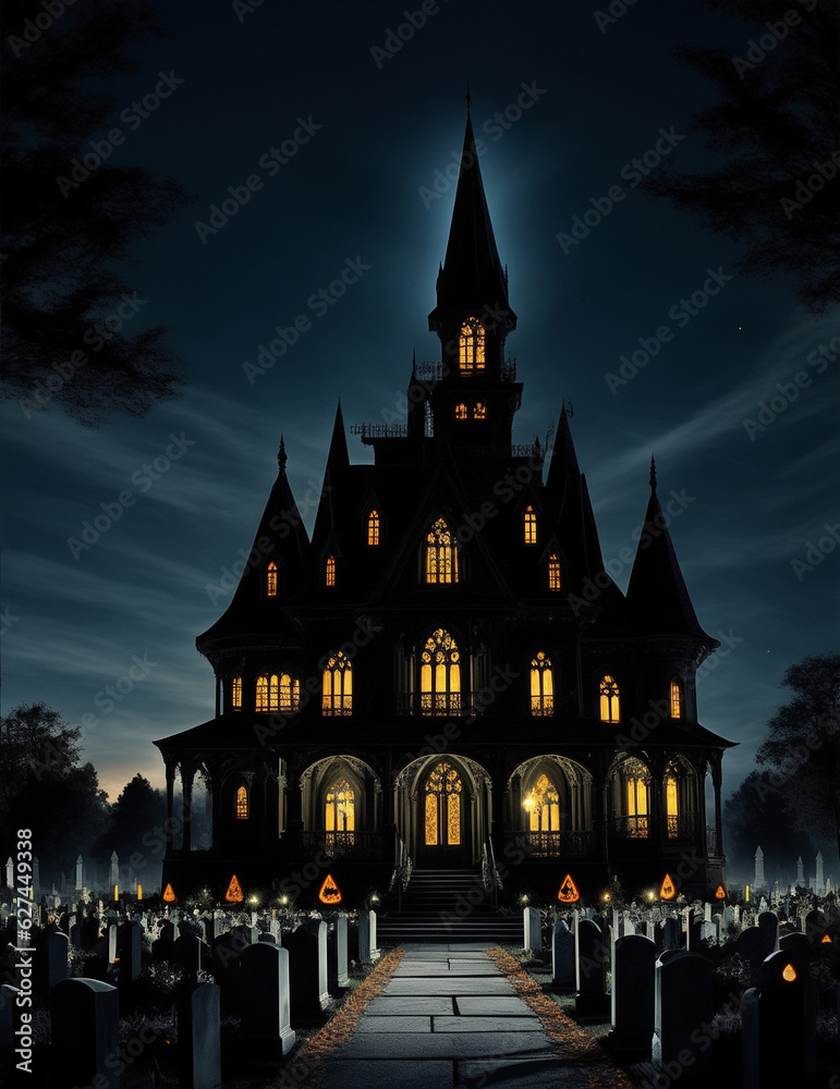 castle with cemetery in the night