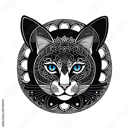 Cat in mandala pattern style. mandala black and white background. Adult coloring book. Vector illustration