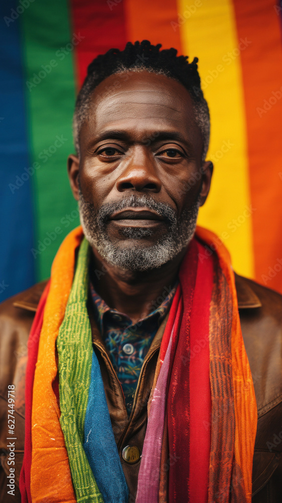 Portrait of multi ethnic man on rainbow colour background. The image showcases an LGBTQ+ person, their demeanor expressing strength and courage in being true to themselves.