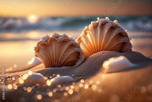 Seashells on sea beach under sunset sun light as a background. Generative AI