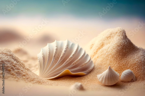 Shells in the sand on the seashore as a background. Generative AI