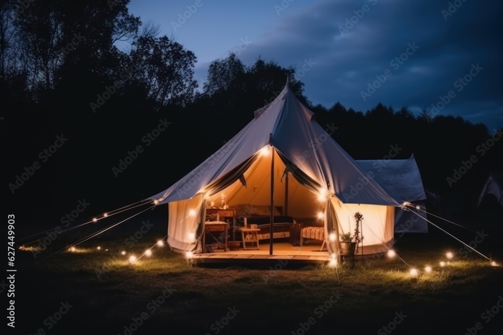 Glamping luxury tent in country side, night time with cozy lights camping concept generative ai