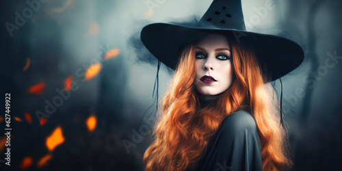 Halloween concept. Beautiful young woman in witches’ hat with long curly red hair against spooky dark magic forest background. Generative AI. 