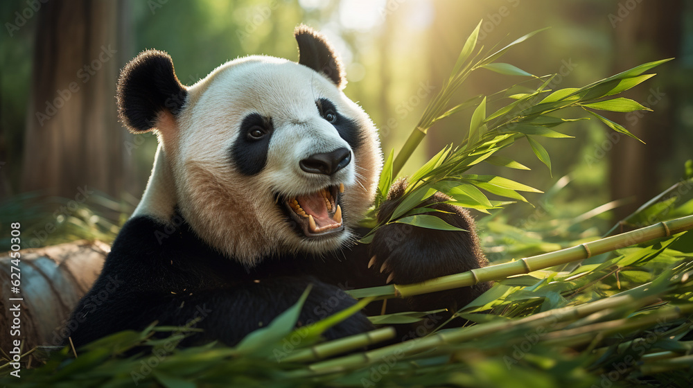 Obraz premium An enchanting Giant Panda leisurely munching on bamboo shoots in a serene bamboo forest Generative AI