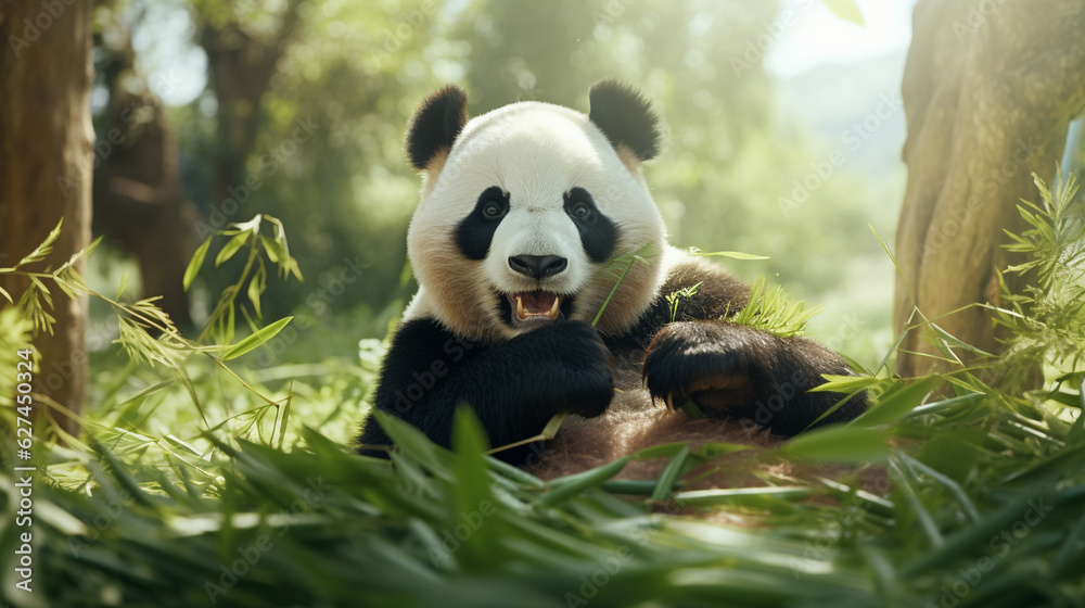 An enchanting Giant Panda leisurely munching on bamboo shoots in a serene bamboo forest Generative AI An enchanting Giant Panda leisurely munching on bamboo shoots in a serene bamboo forest Generative AI