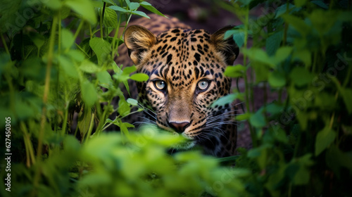 A rare and elusive Amur Leopard stealthily navigating through a dense thicket Generative AI