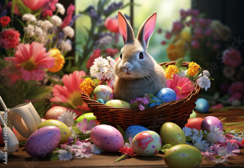 photo happy bunny with many easter eggs on grass festive background for decorative design