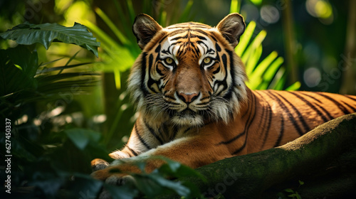 A striking Bengal Tiger basking in the dappled sunlight  its fiery stripes contrasting against lush foliage Generative AI