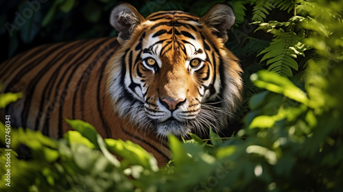 A striking Bengal Tiger basking in the dappled sunlight, its fiery stripes contrasting against lush foliage Generative AI © Наталья Евтехова