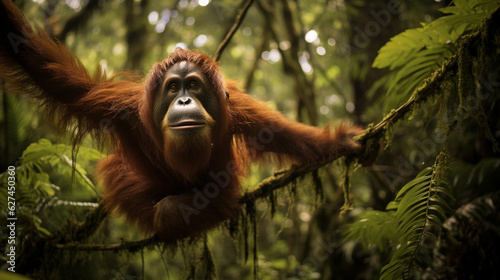 An adorable Sumatran Orangutan swinging gracefully through the canopy of a tropical rainforest Generative AI