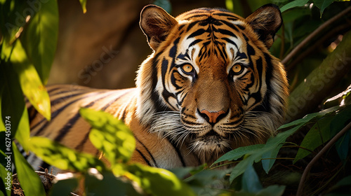 A striking Bengal Tiger basking in the dappled sunlight, its fiery stripes contrasting against lush foliage Generative AI © Наталья Евтехова