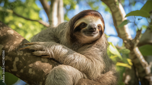 An endearing Pygmy Three-Toed Sloth relaxing in the lush mangroves of Isla Escudo de Veraguas Generative AI