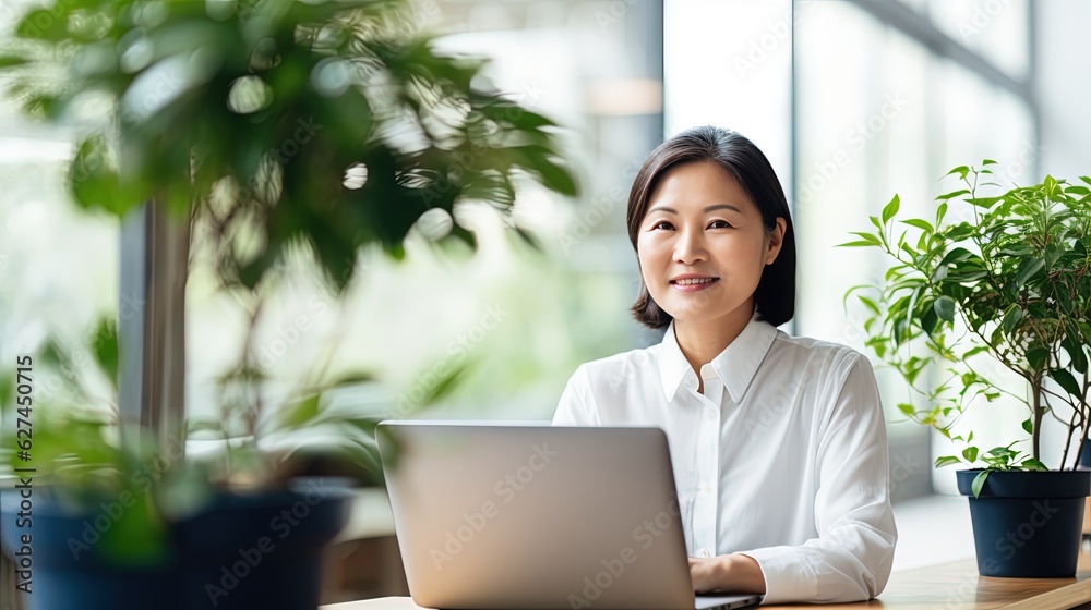 Asian businesswoman working on laptop. generative AI Asian businesswoman working on laptop. generative AI