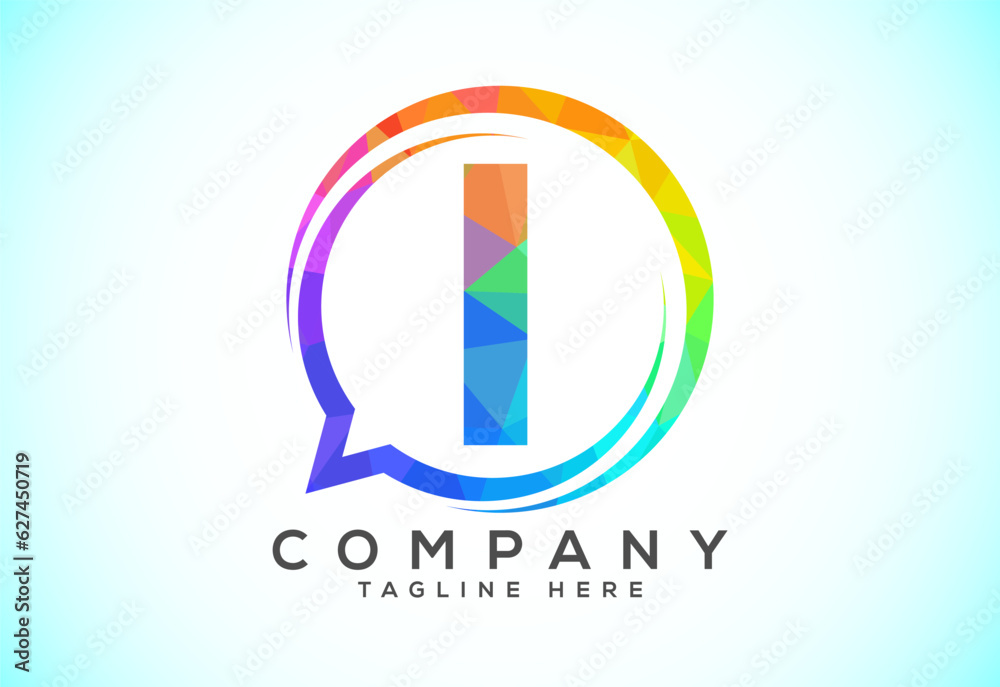 Low poly English alphabet with a bubble chat icon. Talking chatting logo concept