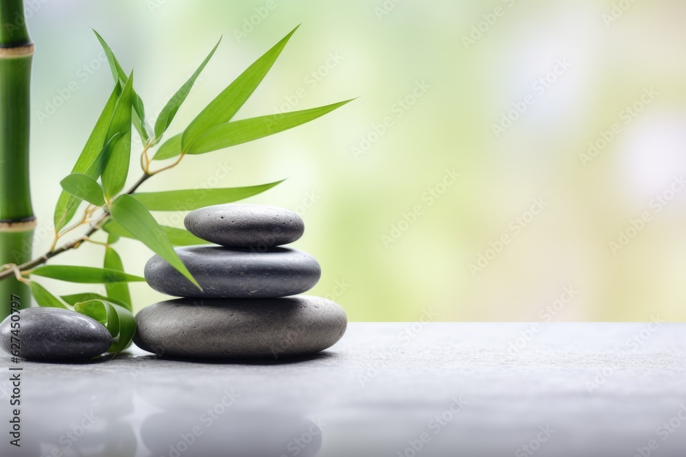 Zen garden with a bamboo plant and rocks on a table Zen garden with a bamboo plant and rocks on a table