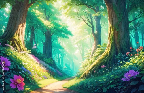 Green Summer Forest Illustration With Big Trees Background