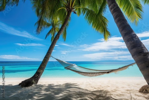 a relaxing hammock between two swaying palm trees on a pristine beach