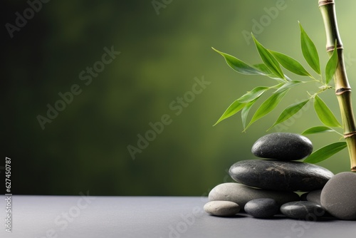 a serene bamboo plant resting on a bed of rocks