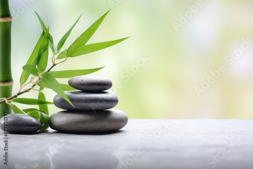Zen garden with a bamboo plant and rocks on a table