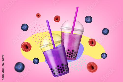 Bubble tea. Bright poster with berries and bubble tea on a pink background. Asian drink with tapioca jelly balls. Fruit tea with tapioca pearls. Tea Bob. Realistic vector illustration. 