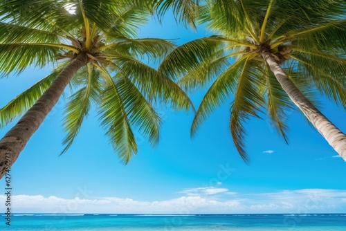 two palm trees standing tall on a pristine beach with crystal clear blue water © Virginie Verglas