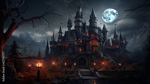 Gloomy gothic castles against the backdrop of the moon at night