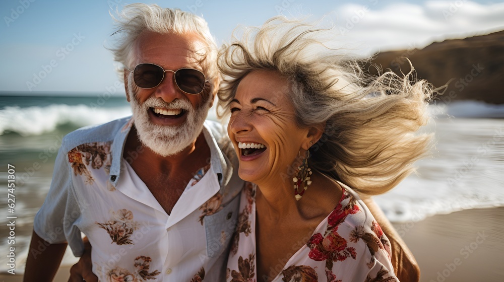 A happy married couple of retired people on the background of the ocean. Close-up portrait. A happy married couple of retired people on the background of the ocean. Close-up portrait.