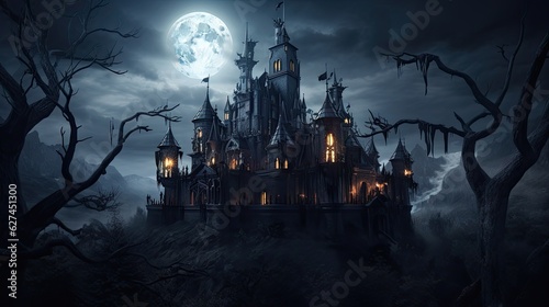 Gloomy gothic castles against the backdrop of the moon at night