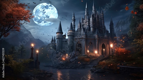 Gloomy gothic castles against the backdrop of the moon at night © Terablete