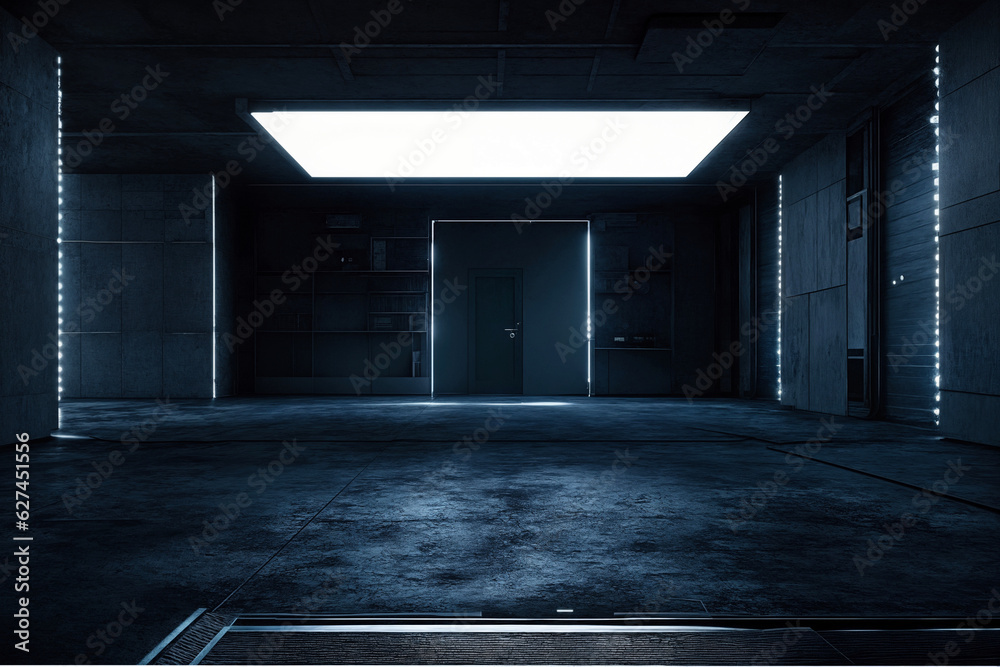 Fototapeta premium Spaceship corridor. Futuristic tunnel with light, interior view. Future background, business, sci-fi or science concept. 3d rendering