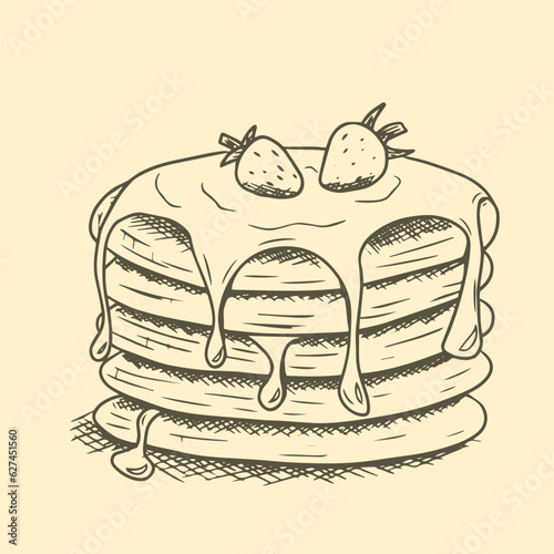 A stack of pancakes topped with jam and strawberries on top. Hand drawn sketch vector illustration.