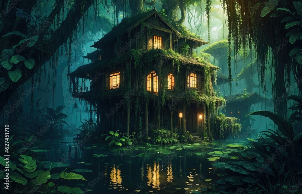 Jungle House Vegetation With Dark Water Swamp Jungle House Vegetation With Dark Water Swamp