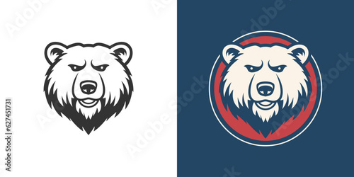 White bear head portrait black outline circle minimal logo for t shirt print set vector flat