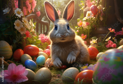 photo happy bunny with many easter eggs on grass festive background for decorative design