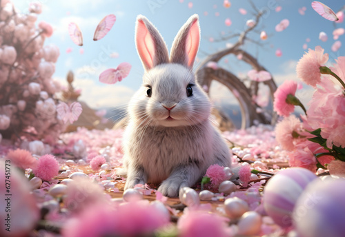 photo happy bunny with many easter eggs on grass festive background for decorative design