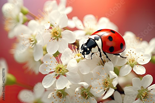 Ladybug on a branch of cherry blossoms in the spring. A beautiful ladybug sitting on a white flower, AI Generated