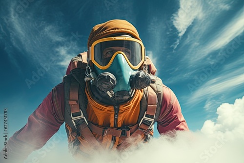 Fotótapéta A man in a helmet and a gas mask on the background of clouds