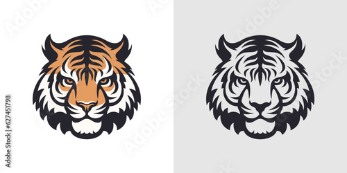 Strong tiger muzzle head color and black monochrome contour logo for t shirt print set vector flat