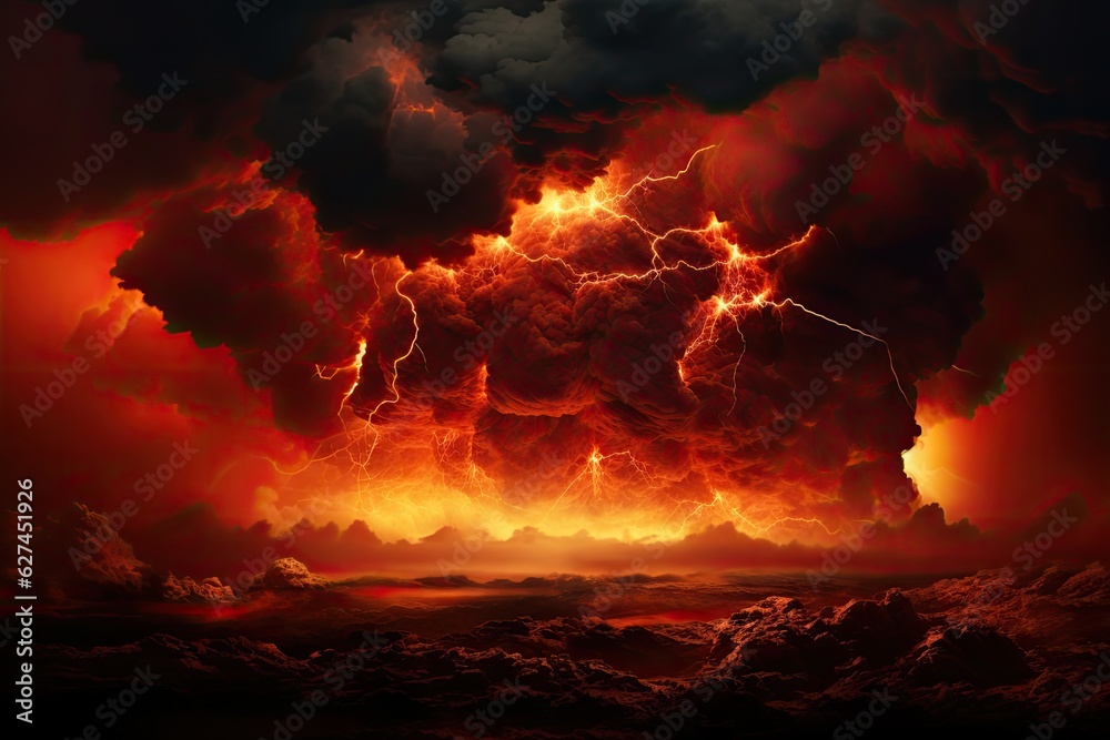 3D illustration of a thunderstorm with lightning in the sky. A fire hurricane ravages the cloudscape in the sky. A visual representation of climate change induced apocalypse, AI Generated