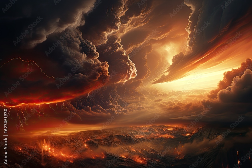 3D illustration of a stormy sky with lightning and storm clouds, A fire hurricane ravages the cloudscape in the sky. A visual representation of climate change induced apocalypse, AI Generated