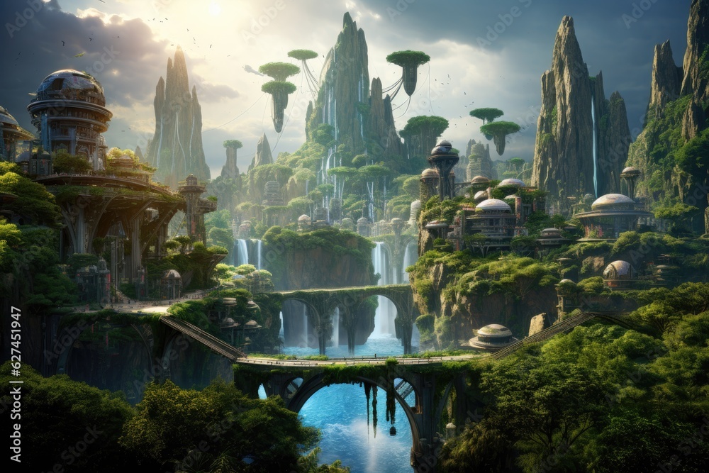 Fantasy landscape with fantasy alien planet and waterfall. 3d rendering ...