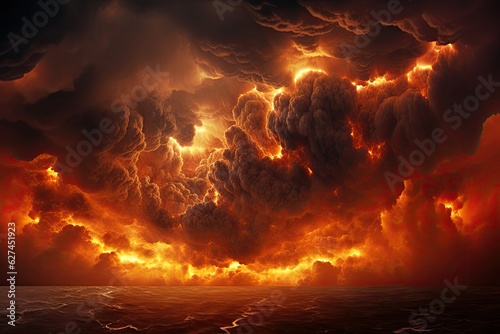 3D illustration of a big stormy cloud with a lot of smoke, A fire hurricane ravages the cloudscape in the sky. A visual representation of climate change induced apocalypse, AI Generated